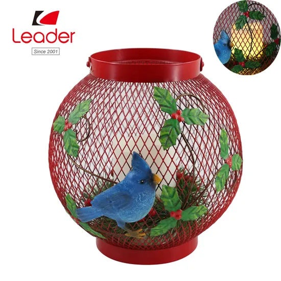 Christmas Solar Lantern Red Metal Lantern with Blue Bird Holiday Gifts 