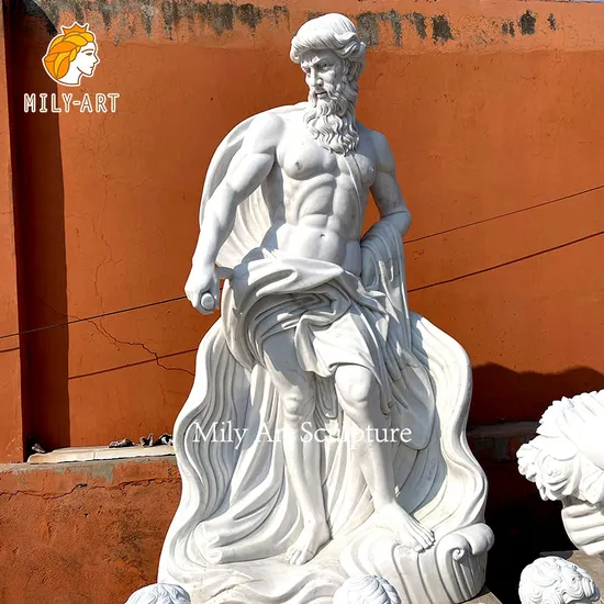Large Detailed Carved Ancient White Marble Poseidon Statue 