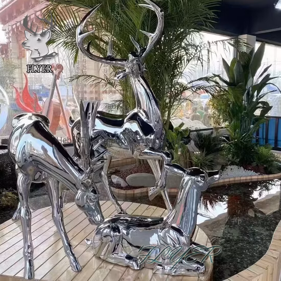 Custom Modern Abstract Life Size Animal Sculptures Outdoor Stainless Steel Deer Family Statue Sculpture
